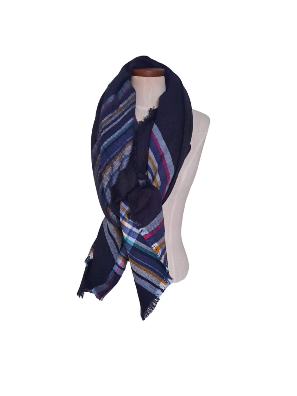 Navy w Multicolored Border Stripe wool Blend Big Square Scarf - Size 52" X 55"